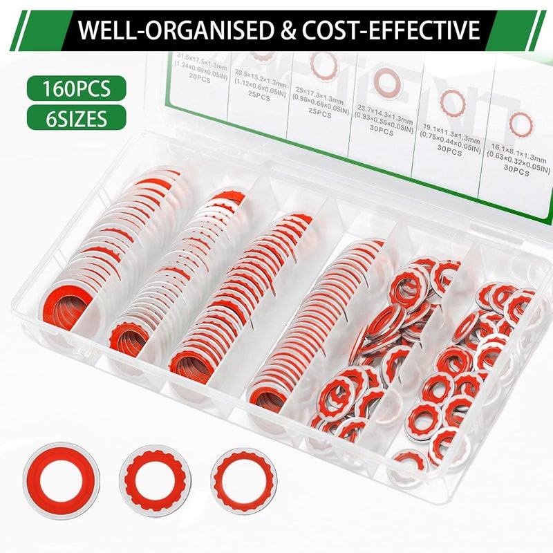 Japtend 160PCS Air Conditioning System Compressor Seal Washers Assortment Kit, 6 Sizes Automotive A/C Compressor Port Bonded Seal Gasket Kit (Red) - Image 4